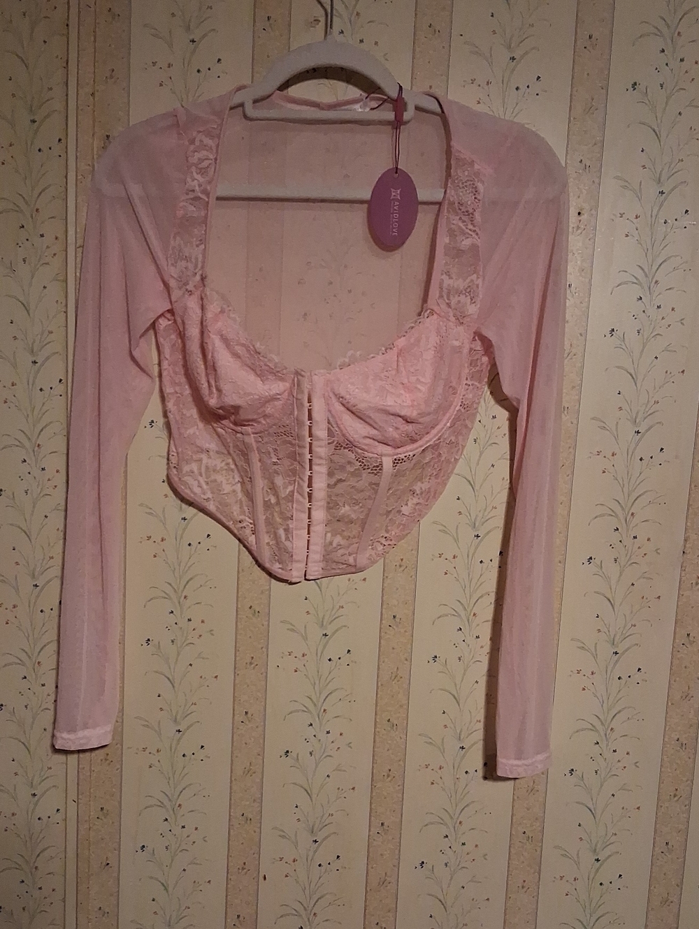 Pink Lace Long-Sleeve Bustier Crop Top